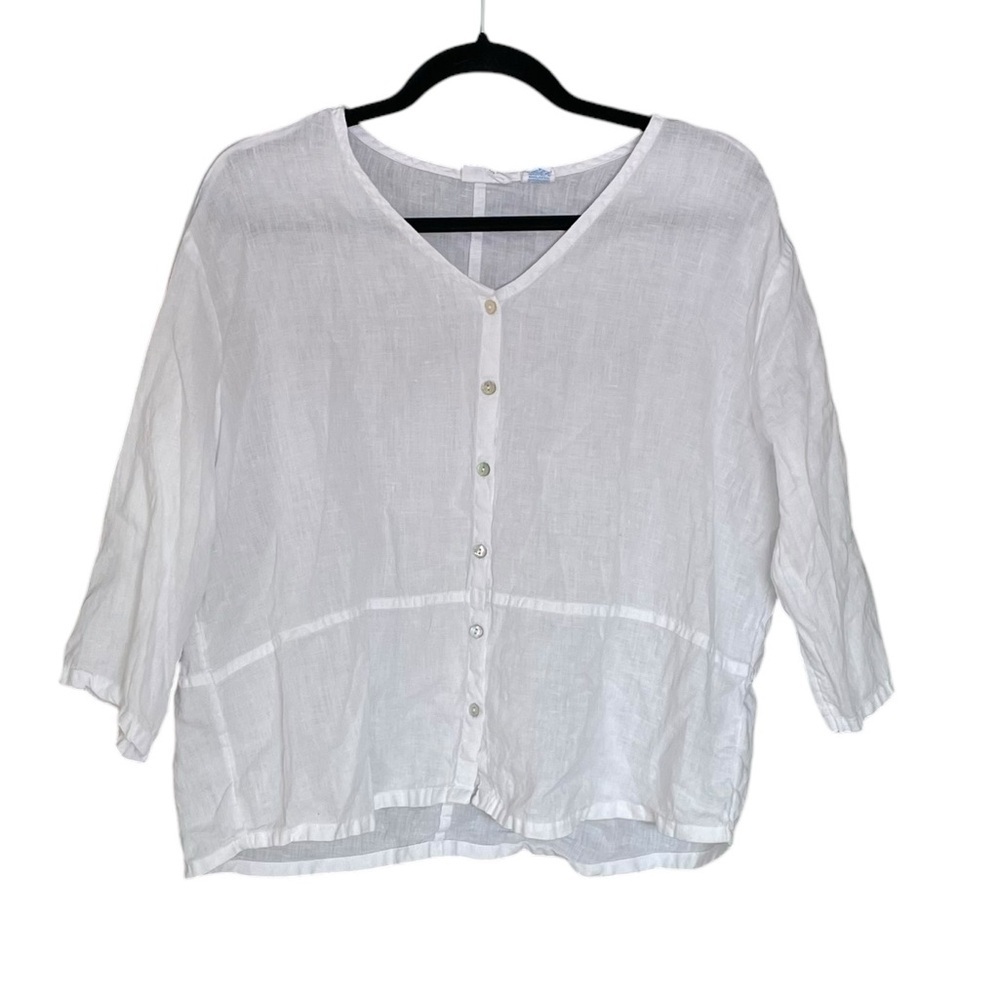 SIGRID OLSEN White Linen Cropped Button Front Blouse M